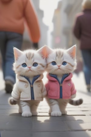 When two little cats, dressed in human clothes, mimic human behavior, and stroll hand in hand in a crowded street, the scene is truly remarkable.

- Wearing attire: They are donning a pair of adorable pet jackets, each with a mini snapback cap, one in pink and the other in blue. Their outfits make them look both stylish and cute.
- Behaving like humans: These two little cats, hand in hand, walk along the bustling street, occasionally sharing playful laughter, as if they were a happy couple.
- Appearing in human settings: They walk in a street filled with people and buildings, with passersby marveling at their cuteness and unique display. This scene becomes a distinctive sight in the city streets.