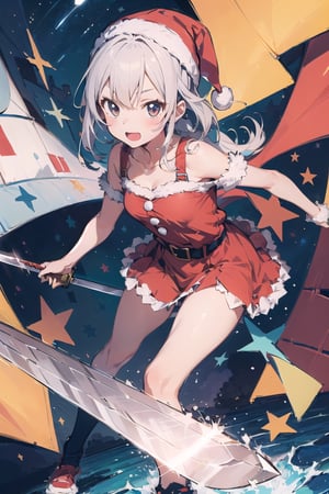 (cubism art girl:1.5)(anime style), (flat:1.5), BREAK, 1girl, solo, (santa claus clothes), white hair, bangs bangs, full body, Looking viewer, (with sword:1.5),