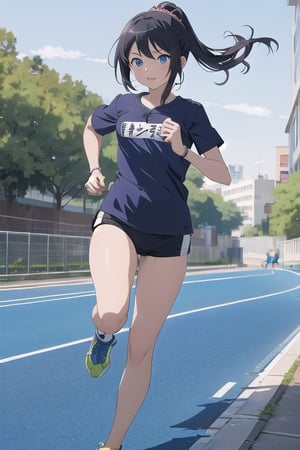 1girl,cute,(anime:1.3), black_hair,jogging, ,(running:1.5),blue T-shirt 