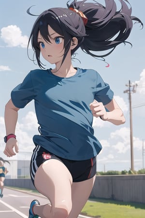 1girl,cute,(anime:1.3), black_hair,jogging, ,(running:1.5),blue T-shirt 