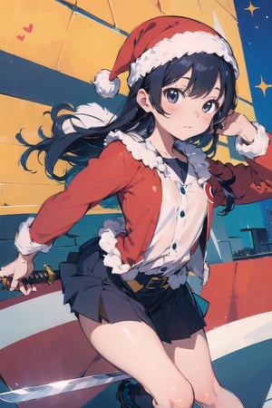 (cubism:1.5)(anime style), (flat:1.5), BREAK, 1girl, solo, (santa claus clothes), white hair, bangs bangs, full body, Looking viewer, (with sword:1.5),