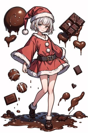 illustration of cute girl, (anime style), (flat:1.5), BREAK, 1girl, solo, (santa claus clothes),white hair, bangs bangs, full body, Looking viewer, (with chocolate:1.5),