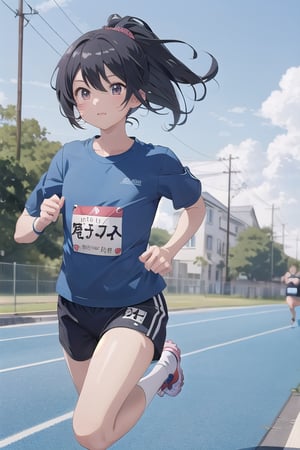 1girl,cute,(anime:1.3), black_hair,jogging, ,(running:1.5),blue T-shirt 