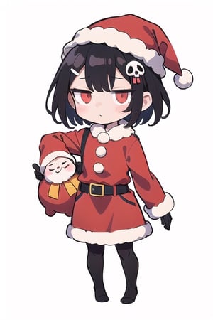 chibi girl, (flat:1.8),flat vector illustration,simplified line work,short black hair, gothic skrit, crisp outline, black and white, A young woman is wearing (a Santa Claus costume). She has a red coat and mini skirt, black pantyhose ,a red hat with a white fur pom-pom, white gloves, a black belt, , solo, skull hair ornament, hair ornament, chibi