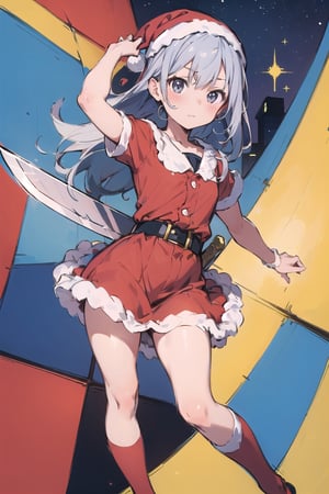 (cubism girl:1.5)(anime style), (flat:1.5), BREAK, 1girl, solo, (santa claus clothes), white hair, bangs bangs, full body, Looking viewer, (with sword:1.5),