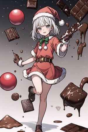 illustration of cute girl, (anime style), (flat:1.5), BREAK, 1girl, solo, (santa claus clothes),white hair, bangs bangs, full body, Looking viewer, (with chocolate:1.5),