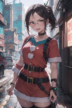 (absurdres, highres, ultra detailed), (1girl:1.3), (beautiful and aesthetic:1.3), brown_eyes, black_hair, straight hair, , (forehead:1.3), glasses, smile, BREAK (Santa Claus:1.3),(Cyberpunk Santa's sleigh:1.5),(angry:1.5),
