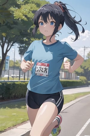 1girl,cute,(anime:1.3), black_hair,jogging, ,(running:1.5),blue T-shirt 