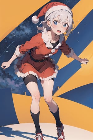 (cubism:1.5)(anime style), (flat:1.5), BREAK, 1girl, solo, (santa claus clothes), white hair, bangs bangs, full body, Looking viewer, (afraid:1.8),