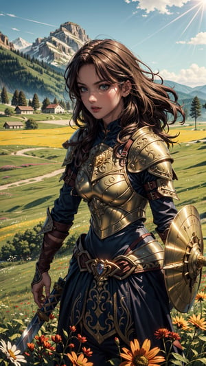 (4k), (masterpiece), (best quality),(extremely intricate), (realistic), (sharp focus), (cinematic lighting), (extremely detailed),

A young girl in full plate armor, standing in a meadow of wildflowers. She is holding a sword and shield. She has long brown hair adorned with wildflowers. Her expression is determined, and her eyes are shining with courage. The sun is shining brightly behind her, casting a golden glow over the scene.

,flower4rmor, flower bodysuit,Flower