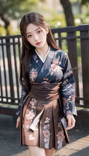 Photorealistic, masterpiece, highest quality, raw photo, 1 woman, solo, long hair, brown hair, detailed face, seductive face, thin face, meiji schoolgirl uniform, hakama, hakama skirt, japanese clothes, kimono, cross-laced footwear, lace-up boots, floral print,,  medium breasts, dynamic pose, looking at viewer, from below, Detailed backgrounds, detailed, intricate details, ray tracing, depth of field, low key, HDR,perfect