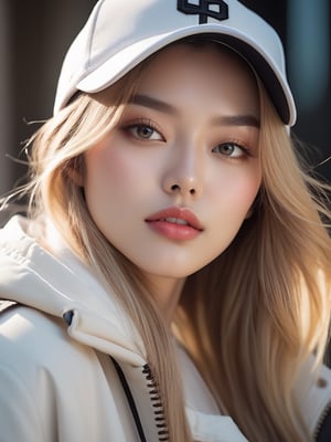1 girl (Korean, full_body:2, hourglass body, thin waist, gray eyes, juicy lips, sexy, long eyelashes, very long straight blonde hair, high contrast), white baseball cap, white baseball jacket, exquisite details and textures, a sexy instagram hot Swiss model, warm tone, siena natural ratio, ultra realistic, ultra detailed, more flowing rhythm, elegant, beautiful and aesthetic, add soft blur with thin line, soft lighting, low contrast, (bright and intense:1.2), (muted colors, dim colors, soothing tones:0), (vibrant color:1.4), wide shot, cinematic lighting, ambient lighting, cinematic shot, (RAW photo, best quality), hyperrealistic, photorealistic, ultra-detailed, realistic photo, best quality, masterpiece, 16K, (HDR:1.4)