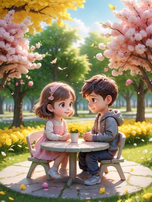 1 girl and 1 boy, (ultra realistic, full body, beautiful, happy, big eyes, cute, photo-Realistic:1.3, focus sharp), looking at each other or turn around look at viewers, spring style background, windy, flowers falling, warm colour lamps lighting, romance_mood, vibrant colour, a table under the spring-flower trees surrounded by beautiful flowers (pink and yellow), dynamic depth of field,  hyperrealistic, photorealistic, ultra-detailed, realistic photo, high definition,