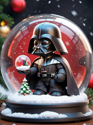 Chibi Darth Vader walking a small AT-AT walker in snow globe (ball:5, hyperrealistic, ultra-detailed, glass material), perfect shape, Christmas, winter, Christmas, perfectly round snow globe, snow falling inside, add colorful lights, beautiful decorative base, (vivid color, colorful:1.3), cinematic, hyperrealistic, photorealistic, and ultra-detailed,