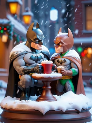 Batman and a bank rober drinking hot chocolate in a snow (\hyperrealistic, ultra-detailed, glass material), perfect shape, Christmas, winter, Christmas, holding hands, singing together, add colorful lights, beautiful decorative base, (vivid color, colorful:1.3), cinematic, hyperrealistic, photorealistic, and ultra-detailed,