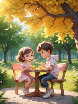 1 girl and 1 boy, (ultra realistic, full body, beautiful, happy, big eyes, cute, photo-Realistic:1.3, focus sharp), looking at each other or turn around look at viewers, summar style background (realistic photo, high definition), windy, leaves falling, warm colour lighting, romance_mood, vibrant colour, a table under the summer trees surrounded by beautiful flowers (pink and yellow), dynamic depth of field,  hyperrealistic, photorealistic, ultra-detailed,
