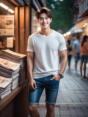 1 boy (full body:3.5, asian, gray eyes, attractive, smile, brown hair, high contrast), t-shirt, denim_shorts, exquisite details and textures, an instagram model, warm tone, siena natural ratio, ultra realistic, ultra detailed, more flowing rhythm, elegant, beautiful and aesthetic, add soft blur with thin line, (standing infront of a newspaper store next to street), soft lighting, low contrast, (bright and intense:1.2), (muted colors, dim colors, soothing tones:0), (vibrant color:1.4), wide angle shot, cinematic lighting, ambient lighting, cinematic shot, (RAW photo, best quality), hyperrealistic, photorealistic, ultra-detailed, realistic photo, best quality, masterpiece, 16K, (HDR:1.4), 