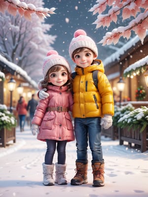 1 girl and 1 boy, (full body, beautiful, happy, big eyes, cute, focus sharp, realistic, photo-Realistic:1.3), looking at each other or turn around look at viewers, winter style background, snow falling, leaves falling, warm colour lamps lighting, romance_mood, vibrant colour, a table under the Christmas trees surround by beautiful winter flowers (pink and yellow), dynamic depth of field,  hyperrealistic, photorealistic, ultra-detailed, realistic photo, high definition,