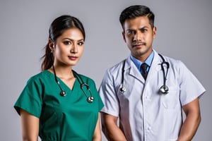 a male and female nurse,chinese and indian, professional looks, studio lighting, format dress, staring in cool look