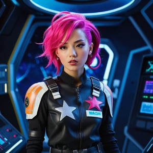 A close-up shot of a petite, anime-inspired space explorer with a determined expression, her bright pink hair styled in a messy bob. She's dressed in a sleek black jumpsuit adorned with silver accents and stars, with a utility belt at her waist. The harsh, neon-lit backdrop of a spaceship's control room reflects off her serious gaze, emphasizing the gravity of her mission.