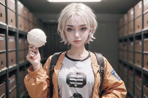 Orange_jacket, 1girl,  oversized_clothes, blurry_background , short_white_hair , holding_object  , :)