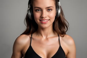 warm light room Beautiful woman with silver long hair against a grey background.over-the-ear headphones Smile,black tights top,Girl,Pectoral Focus,jaeggernawt