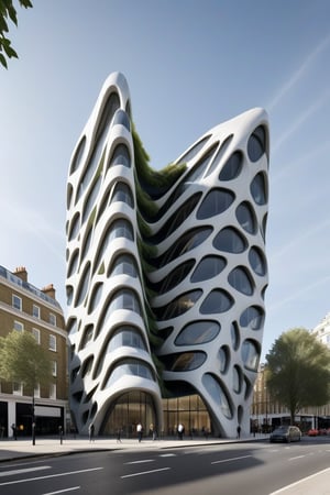 OWL SHAPE BUILDING, GREENERY ON OUTER SURFACE, (master piece)(biomorphic building), symmetrical rhombuses facade pattern, zaha hadid, Calatrava, glass windows,  concrete,   （spider web:0.3）, London house with tesselated facade, front street view,photo-realistic, intricate and complex details,hyper-realistic, parametric architecture,8k, ultra details,

An architectural wonder with a daring configuration and ground-breaking design.This structure could be a museum or a company building.4k image photo like,(detailed)