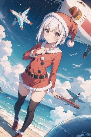 lustration of cute girl, (anime style), (flat:1.5), BREAK, 1girl, solo, (santa claus clothes),white hair, bangs bangs, full body, Looking viewer, (with airplane:1.2),