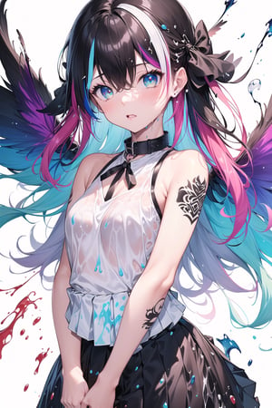 collar, bare shoulders, ((colorful hair)), ((streaked hair)), beautiful detailed eyes, (Gradient color eyes), (((colorful eyes))), super long hair, small breasts, (cowboy shot), (white background), ribbon, ((pleated skirt):1.25), detailed clothes, (splatter)/=((colorful ink splash wings):1.4),