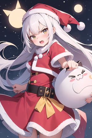 lustration of cute girl, (anime style), (flat:1.5), BREAK, 1girl, solo, (santa claus clothes),white hair, bangs bangs, full body, Looking viewer, (angry:1.5),