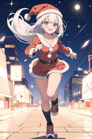 lustration of cute girl, (anime style), (flat:1.5), BREAK, 1girl, solo, (santa claus clothes),white hair, bangs bangs, full body, Looking viewer, (running:1.5),