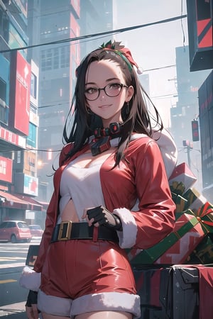 (nasty:1.3),(absurdres, highres, ultra detailed), (1girl:1.3), (beautiful and aesthetic:1.3), brown_eyes, black_hair, straight hair, , (forehead:1.3), glasses, smile, BREAK (Santa Claus:1.3),(Cyberpunk Santa's sleigh:1.5)