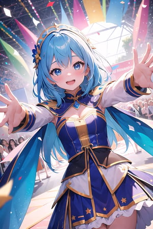 absurdres, highres, high quality, million+girls, group shot, festival, confetti, blue theme, smile, outstretched arm, outstretched arms, outstretched hand, reaching,
