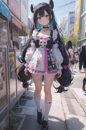((best quality, masterpiece, absurbres, super-resolution)), Full body, (Harajuku Fashion:1.3) (Street Photography), (Twins:1.3), Kawaii frilly mini-skirt, Avant-garde skull top, (Colorful Long Hair:1.5), Fashion Model Pose