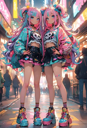 best quality, masterpiece, absurbres, super-resolution, Full body,Harajuku Fashion,Street Photography,Twins, Kawaii frilly mini-skirt, Avant-garde skull top, Colorful Long Hair, Fashion Model Pose