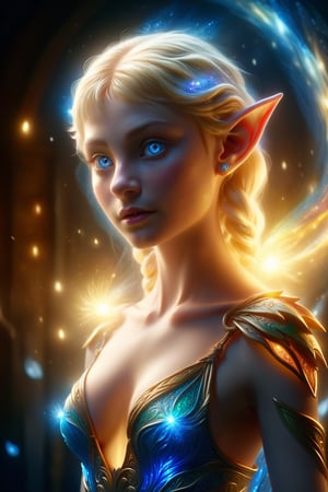 1 girl, normal chest, look at viewer, face portrait, elf, short elf ear, silky skin,surreal photography of a stunningly beautiful, blonde hair, blue eyes, intricate detailed, glowing, highly detailed, masterpiece, light particle, colourful light particles, concept art, 8 k,1girl navia, perfect split lighting