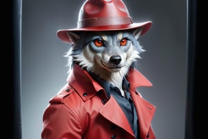 A portrait of amazing wolf in slick collared red armored trenchcoat , wearing a red fedora, neck-length black hair , white background, serious face expression, red eyes , wearing a thin black turtleneck , reddish hair,The Dark Huntsman ,black steel cane ,sword on the back , blend, bright eyes