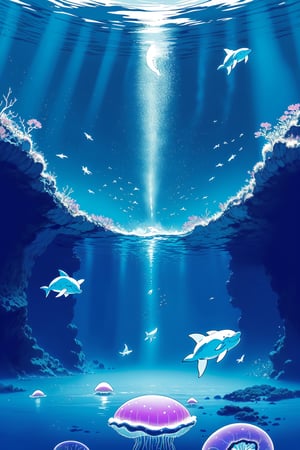 Magical dreams, landscapes, photorealestic, Illustration of dolphins swimming in colorful waters, Look up at the composition, Jellyfish and whales