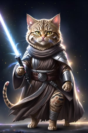 (cat:1.3), a master jedi cat, star wars, holding lightsaber, wearing a jedi cloak hood, photorealistic,cat