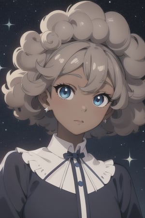 anime character, detailed, dark skin color, with a big afro, blue eyes, on starry night background