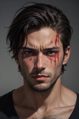 male face, beaten, bloody, swollen eyes, after a fight