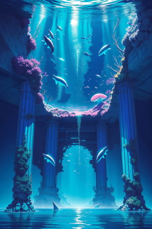 Magical dreams, landscapes, photorealestic, Illustration of dolphins swimming in colorful waters, Look up at the composition, Jellyfish and whales