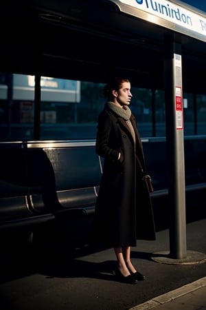 A girl waiting for a bus in a bus stop. in style of Gabriel Pacheco