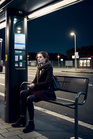 A girl waiting for a bus in a bus stop. in style of Gabriel Pacheco