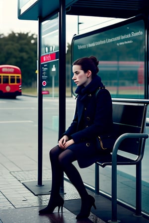 A girl waiting for a bus in a bus stop. in style of Gabriel Pacheco