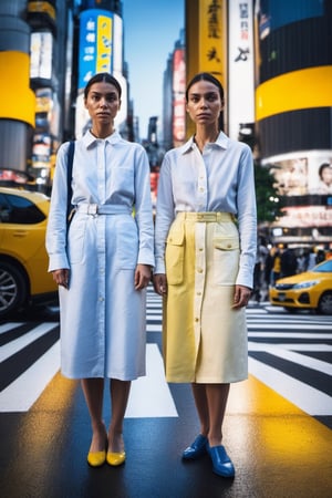  Here's the revised content in English: "Two women, dressed in white, yellow, and blue attire, portrayed in an 8K HDR photo at a bustling crosswalk in Shibuya. The image showcases highly detailed, vibrant female portraits, evoking a cinematic quality. Reflective light plays upon the wet streets, adding depth to the 8K rendered photo, labeled as r3al."