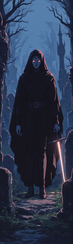 Close-up of a mysterious figure in a retro anime style, shrouded in darkness, standing among crumbling tombstones and overgrown vegetation in a haunted cemetery. Cloaked in black, he grips a sword glowing faintly, as if channeling the Grim Reaper's power. His marble-like, chiseled face bears a solemn expression, with eyes gleaming in an intense, otherworldly way. The atmosphere is thick with a foreboding aura, as though life itself is on the brink of unraveling. Mist and shadows swirl around, highlighted with a vintage anime color palette to heighten the eerie, supernatural mood,1990s,Skeleton,Skeletons