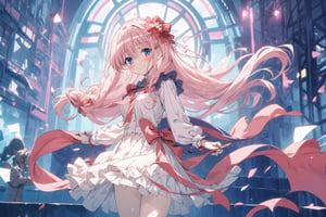 (masterpiece), (solo: 1.2), female_focus, smile, Sweet Lolita fashion, kawaii elements, lace and bow embellishments, pastel color palette (pink, blue, pale yellow), high-waisted silhouette, knee-length skirt, 'doll dress' style, lace-trimmed petticoat, adorable and innocent, Lolita fashion staple, (long hair: 1.2), hair flower, 1girl, (blush: 1.2), head tilt,nodoka haramura