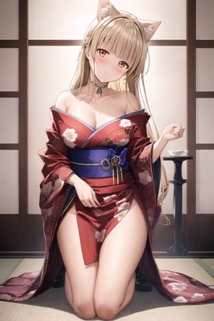 best quality, masterpiece, highres, 1girl,  Mahiru Shiina, intricate details, colorful kimono, hairpin, looking slightly shyly to the side, extremely detailed 8K wallpaper, an extremely delicate and beautiful, cinematic lighting, (off-shoulder,full_body,thigh,head_tilt,long_hair,cat ears: 1.1)