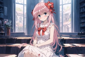 (masterpiece), (solo: 1.2), female_focus, smile, Sweet Lolita fashion, kawaii elements, lace and bow embellishments, pastel color palette (pink, blue, pale yellow), high-waisted silhouette, knee-length skirt, 'doll dress' style, lace-trimmed petticoat, adorable and innocent, Lolita fashion staple, (long hair: 1.2), hair flower, 1girl, (blush: 1.2), head tilt,nodoka haramura